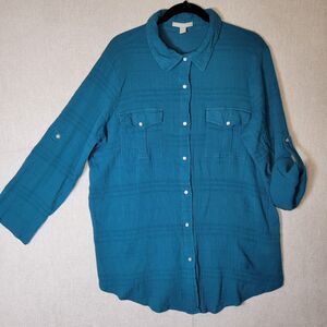 Woman Within Pearl Snap Gauzy Roll Tab Long Sleeve Shirt 1X Blue Teal size 22